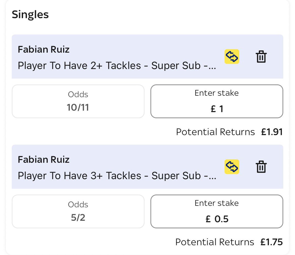 TGFootballTips's tweet photo. 1.5U - SkyBet

Ruiz averages 2.17 tackles/90 for PSG and is expected to start on the left side of midfield, up against Fermin and Yamal who get dispossessed a combined 2.75 times per 90.

Ruiz has made 2+ tackles in 12 of his last 16 UCL starts.

Ruiz tackles (UCL) - 3,2,2,3,2,3,1,2,2,1,0,1,3,5,2,6

@StatsHubCom