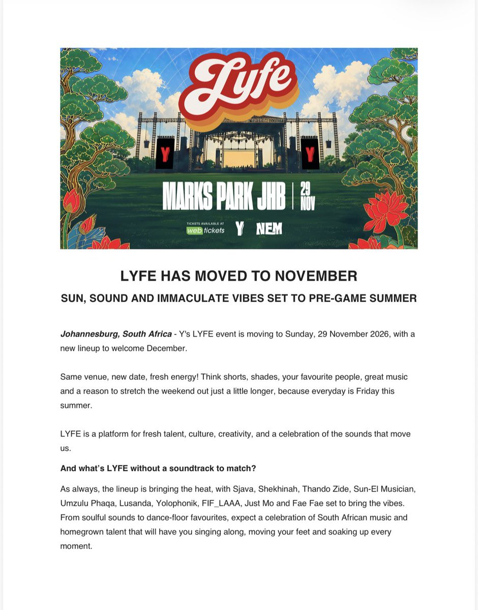 Yfm's tweet photo. New date, same venue and an even better vibe! Hit up the group chat, pack the picnic basket and get that fit ready. ☀️😎

We’ll see you at #LYFE on the 29th of November at Marks Park! https://t.co/IirMmwgqZ0