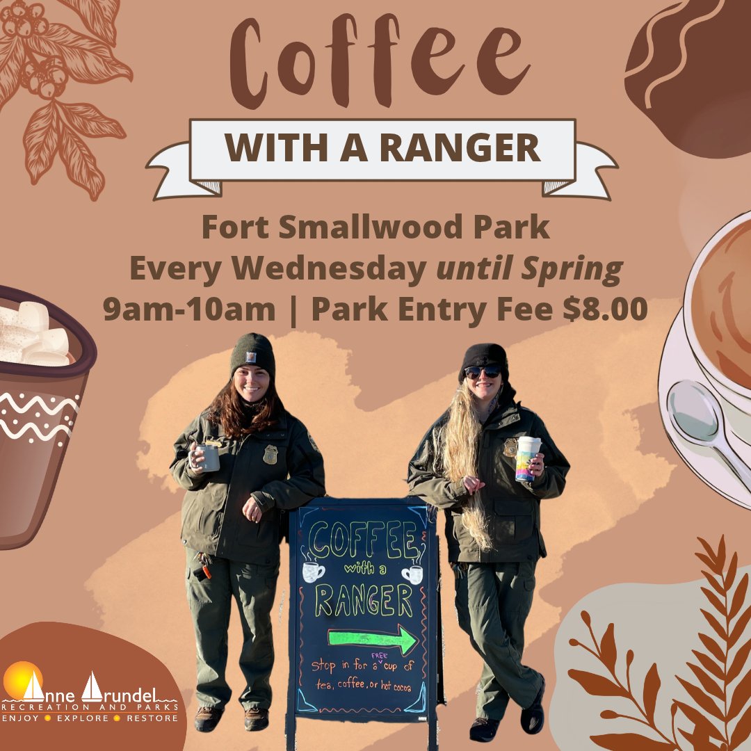RecParks's tweet photo. ☕️ Warm up your Wednesdays at Fort Smallwood Park! Join our park rangers every Wednesday until Spring from 9–10 AM for Coffee with a Ranger! 🌲✨  

 Enjoy a FREE cup of coffee, tea, or hot cocoa while chatting with the ranger team! ☕️   
💵 $8 Park Entry Fee https://t.co/cblvoDuvmh