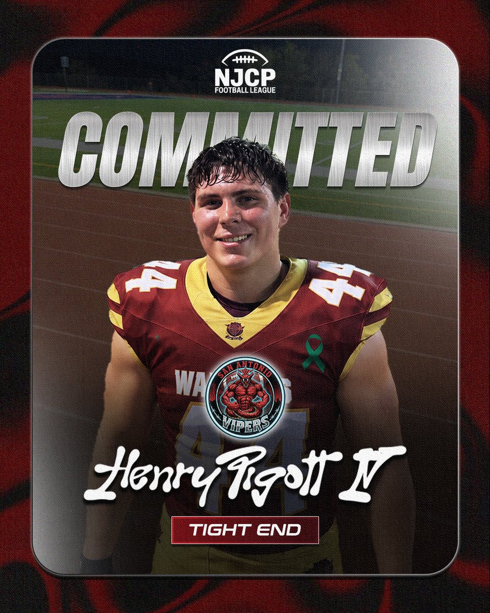 NJCP_Football's tweet photo. Locked in and ready to strike! 🐍⚡️

Congratulations to Henry Pigott IV on officially committing to the San Antonio Vipers as a Tight End! Excited to see #44 bring the heat to the field. Welcome to the brotherhood! 🏈💪

#NJCPFootball #SanAntonioVipers #PlayerCommitment #TightEnd https://t.co/baOMV0MWON