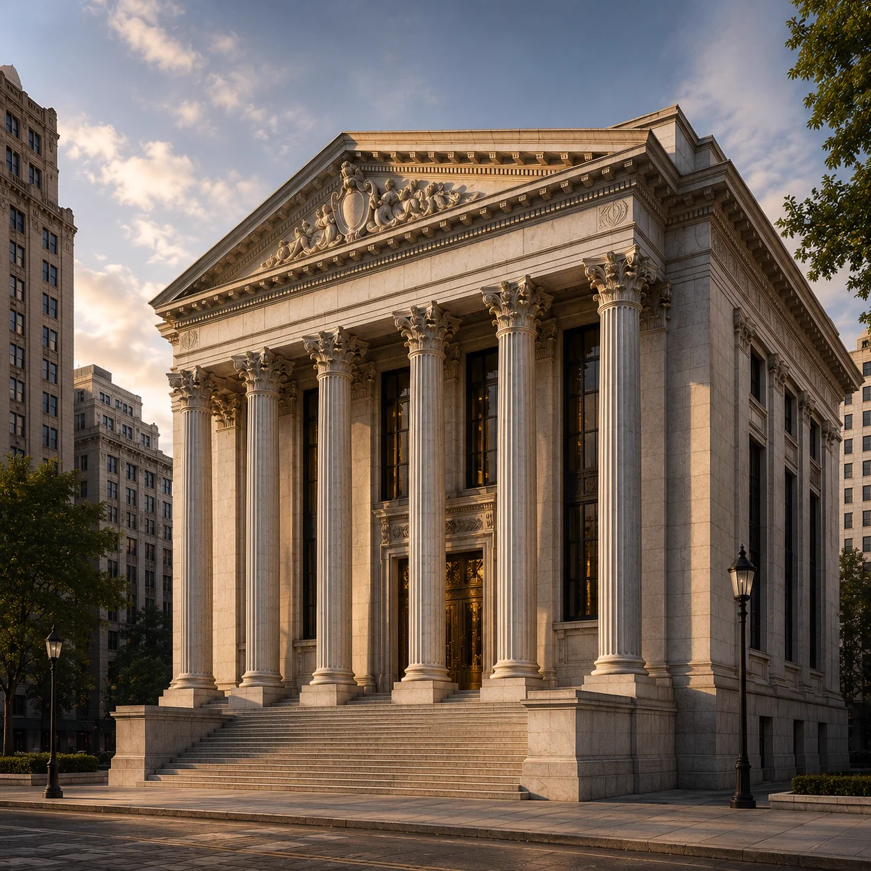 A neoclassical building features a grand facade with tall, white columns and ornate detailing. The structure sits on a platform with wide steps and is illuminated by soft, warm lighting. Trees and other buildings surround the area, complementing the architectural style.