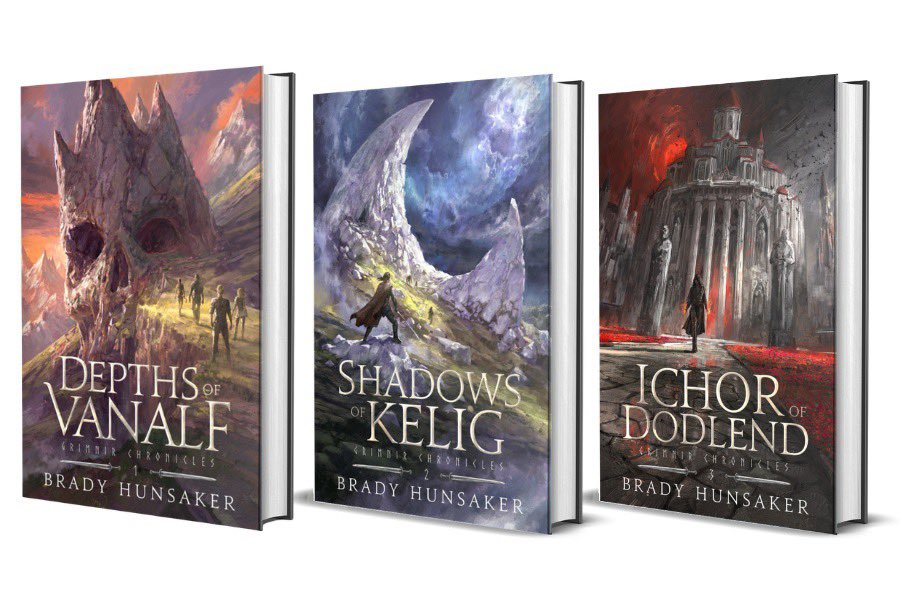 BradyHunsaker's tweet photo. Look at my books. Very fantasy. Very skull. Much dungeon. Very professional. Very you should read. https://t.co/UzymZQJTaG