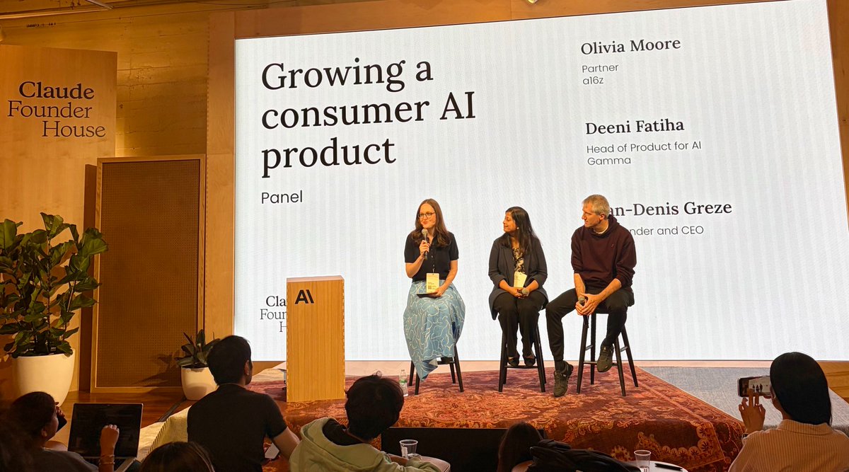magdovitz's tweet photo. 👏 Congrats to @jgreze and @TownAI on their Series B! 

A few weeks ago at the @claudeai founder house in SF he, and Deeni Fatiha (Chief AI Officer @GammaApp) chatted with @omooretweets (@a16z) about what it takes to scale AI products into the workplace. 

The two most memorable points they agreed on were:

1. The half-life for product edge is shorter than ever (2-3 months).
2. The shaped of AI tooling in the future will look more multi-player / teams oriented with a emphasis on agent to agent interactions.

Excited to see what both @GammaApp and @townai build next!