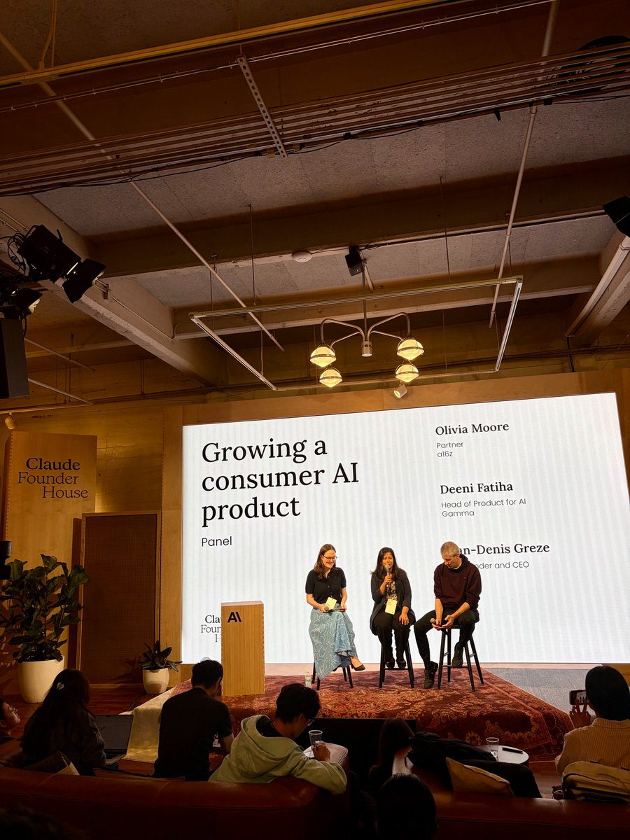 magdovitz's tweet photo. 👏 Congrats to @jgreze and @TownAI on their Series B! 

A few weeks ago at the @claudeai founder house in SF he, and Deeni Fatiha (Chief AI Officer @GammaApp) chatted with @omooretweets (@a16z) about what it takes to scale AI products into the workplace. 

The two most memorable points they agreed on were:

1. The half-life for product edge is shorter than ever (2-3 months).
2. The shaped of AI tooling in the future will look more multi-player / teams oriented with a emphasis on agent to agent interactions.

Excited to see what both @GammaApp and @townai build next!