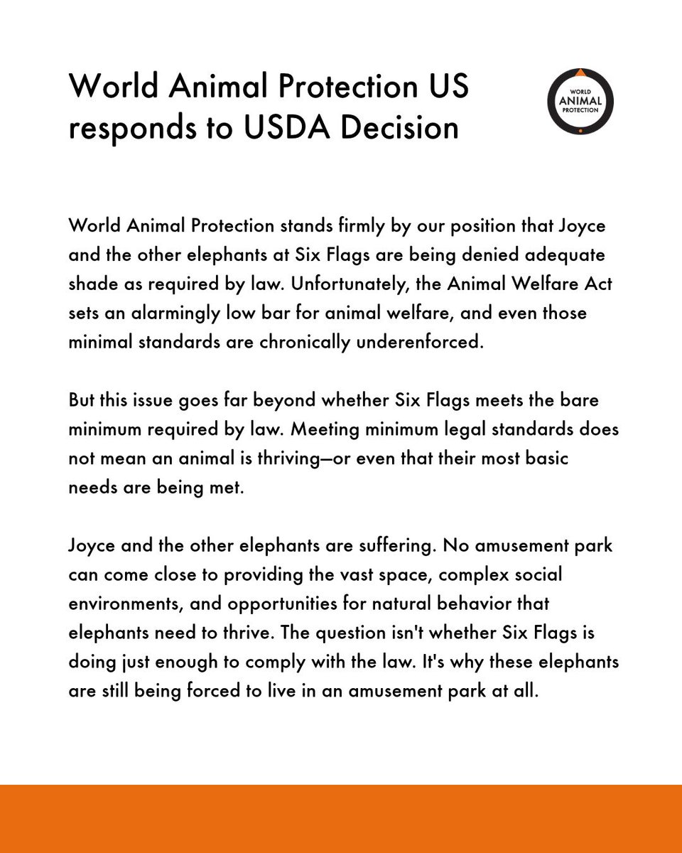 MoveTheWorldUS's tweet photo. We called on the USDA to investigate potential violations of federal animal welfare regulations requiring adequate shade for animals kept outdoors. The USDA has decided not to cite Six Flags. (See our attached statement) https://t.co/lKcSrBWvbh