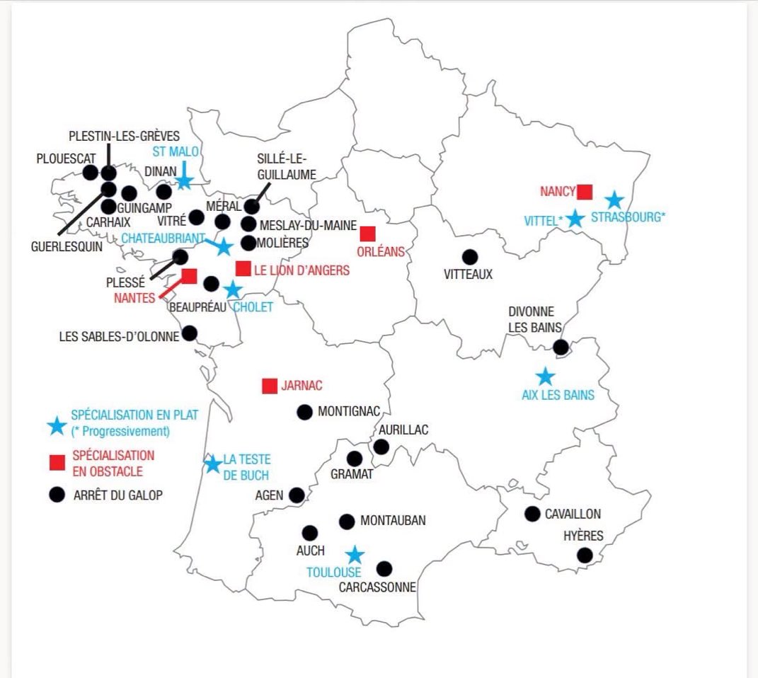 Erquy22's tweet photo. La nouvelle carte de 🇫🇷 des hippodromes révélée par @francegalop 
L’Ouest, terre d’élevage, de professionnels et d’amateurs est très impacté par la spécialisation des hippodromes.
Pourtant les vocations naissent dans les réunions pluridisciplinaires. https://t.co/3NCP7JvAIG