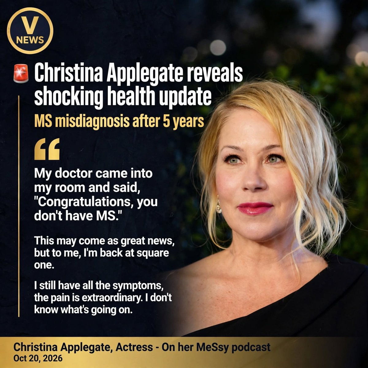 V_News8's tweet photo. Christina Applegate on her recent health journey was shocking to her! https://t.co/hPKMv55jk1