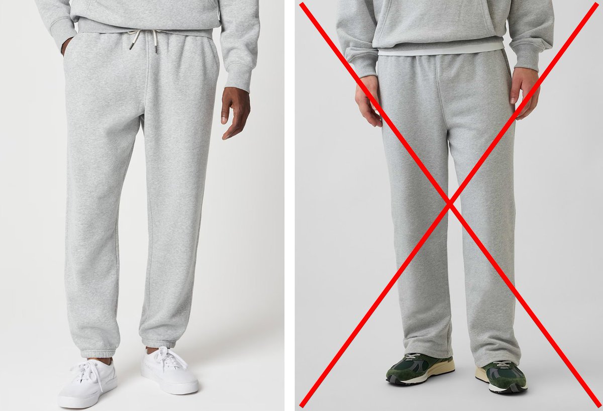 WellBuiltStyle's tweet photo. Thoughts on sweatpants: 

These are fine for at home or in the gym. Nothing something I'd deliberately wear as "casual" clothing. 

I also recommend a CLEAN fit even with these. Nothing overly baggy or sloppy. We've sort of moved past the jogger era (tapered leg opening) - but I still think those can have a place when done well and cut appropriately. 

Also, stick with 100% French terry cotton or fleece. Cotton jersey can be fine too if you live in a warmer climate.