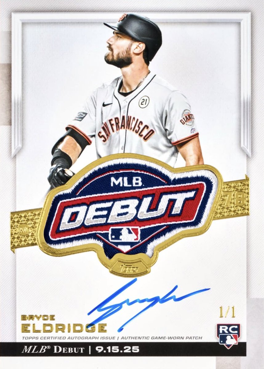 SportsCardInv's tweet photo. The first look at Bryce Eldridge's 1-of-1 MLB Rookie Debut Patch Autograph coming to 2026 Topps Chrome Update Baseball 👀

2026 Topps Chrome Update Baseball will be available for pre-order on November 2nd 🔥 https://t.co/3IVhRueM2Z