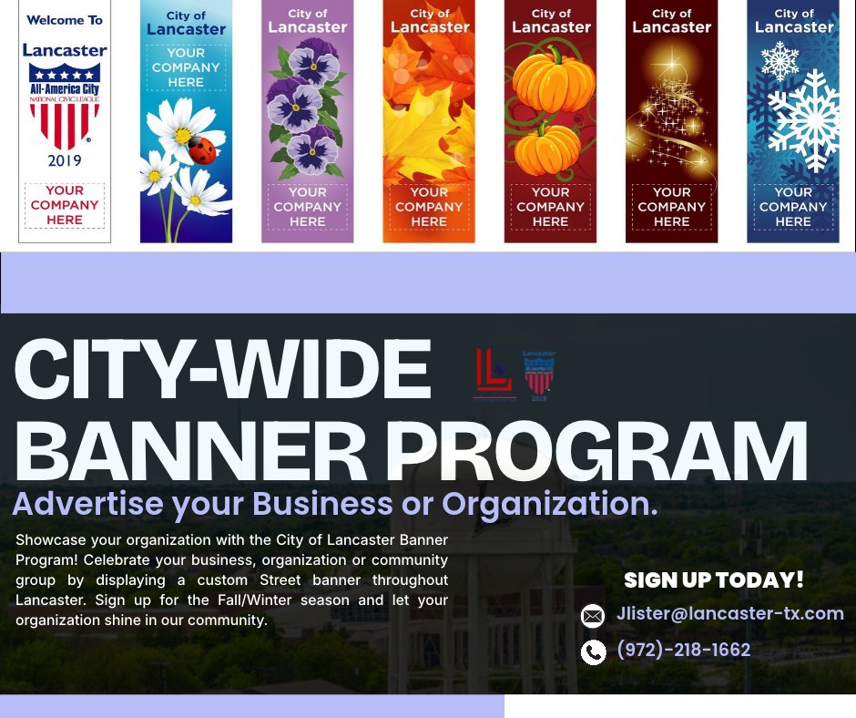 Lancaster_TX's tweet photo. 📣 ADVERTISE WITH THE CITY OF LANCASTER! 🏙️

Show your Lancaster pride and put your business or organization in the spotlight with the Citywide Banner Program! 🎉

📧 Email: Jlister@lancaster-tx.com
📞 Call: (972) 218-1662 https://t.co/YISrxBUhPE