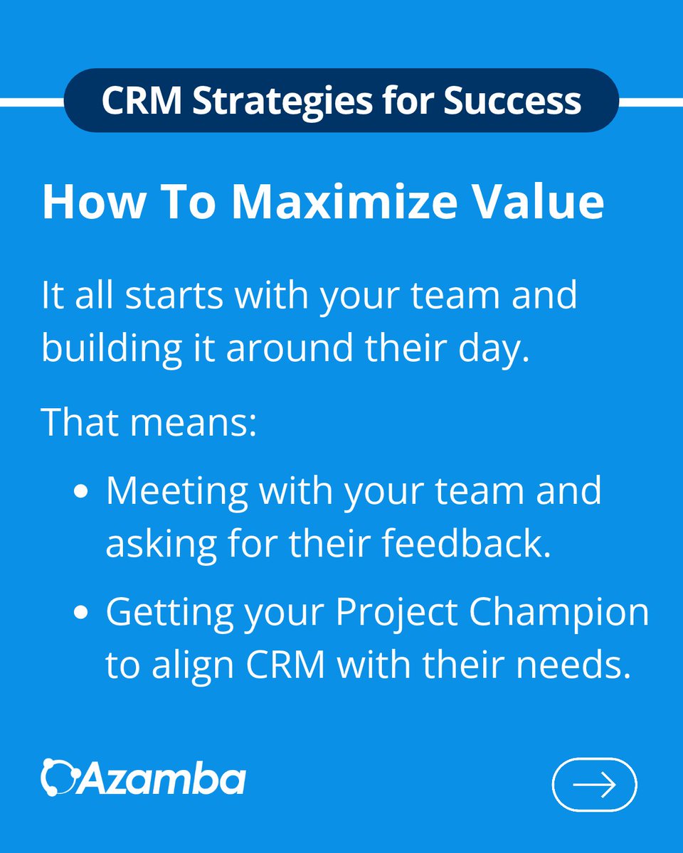 AzambaInc's tweet photo. Implementing CRM is just the start.

To keep getting value from it, it needs to be designed to fit your team's day-to-day needs.

You do this by asking for their feedback and layering in improvements over time.

This keeps CRM up to date with your business.

More below. ⬇️ https://t.co/o0PVhcy2Nj