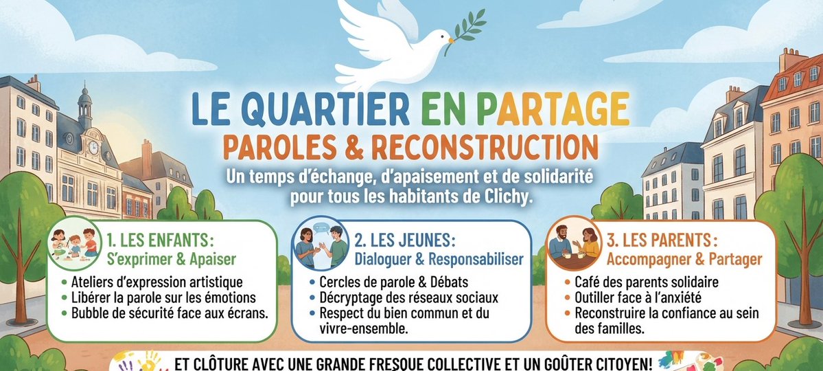 EspaceMomes's tweet photo. Face aux violences urbaines, l’Espace de Vie Sociale « Espace Mômes » se mobilise pour l’apaisement, le dialogue et la solidarité républicaine à Clichy
Suite aux émeutes et aux dégradations intolérables survenues le samedi 17 octobre dernier. https://t.co/BiFhYVAGjk