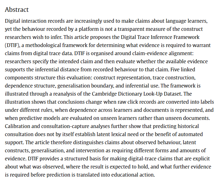 RMALJournal's tweet photo. New article: 
Du, Y. (2026). The digital trace inference framework: Aligning behavioural evidence with claims in applied linguistics. Research Methods in Applied Linguistics, 5(3), 100385: https://t.co/J3S3nfEvuQ https://t.co/aSYHdA4T1K