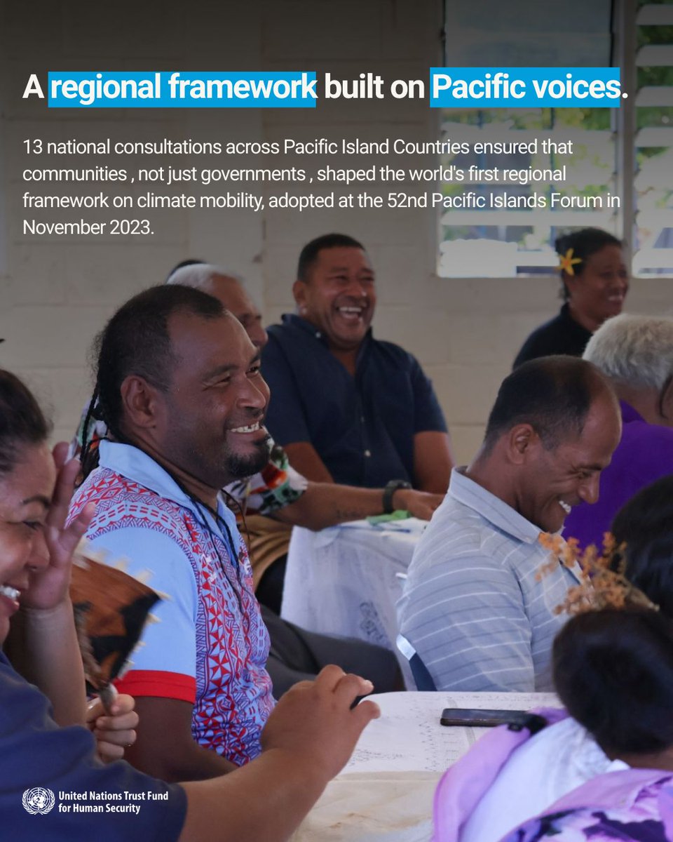UNhumansecurity's tweet photo. 13 national consultations. A Technical Advisory Group of Pacific experts, youth &amp; civil society. A Joint Working Group co-chaired by Fiji &amp; Tuvalu. This is how #UNTFHS helped govern climate mobility from the ground up. #HumanSecurity https://t.co/OwiGrC8K7J