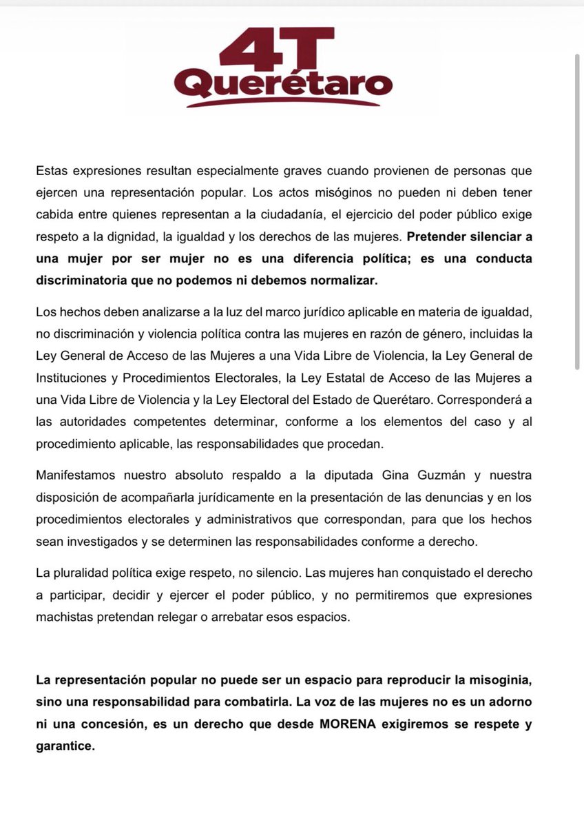 SNietoCastillo's tweet photo. Pronunciamiento de la 4T en Querétaro sobre la agresión de  violencia política de género en contra de la diputada Ginna Guzman: https://t.co/eJOKJE20ZC