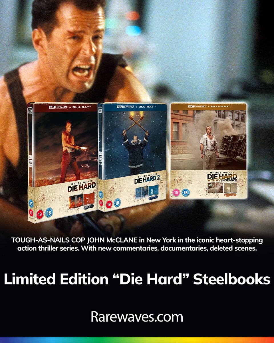 RarewavesCom's tweet photo. Best Christmas movie ever? DIE HARD STEELBOOKS
💥🎅 https://t.co/kL04GjI74Y

Bruce Willis leads as TOUGH-AS-NAILS COP JOHN McCLANE in the iconic action thriller series 💪👮‍♂️

With new commentaries, documentaries, deleted scenes 🤩

#DieHard #BruceWillis #ActionMovies #Steelbook https://t.co/Tm60o26XvP