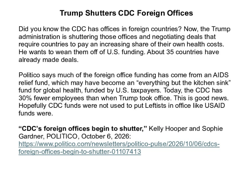 CCHFreedom's tweet photo. TRUMP SHUTTERS CDC FOREIGN OFFICES

The Health Freedom Minute is presented daily by Twila Brase — President and Co-founder of Citizens’ Council for Health Freedom — and heard in 48 states Mon-Fri on more than 870 radio stations nationwide. 

Listen to today's Health Freedom Minute here: https://t.co/zsysJwimKY