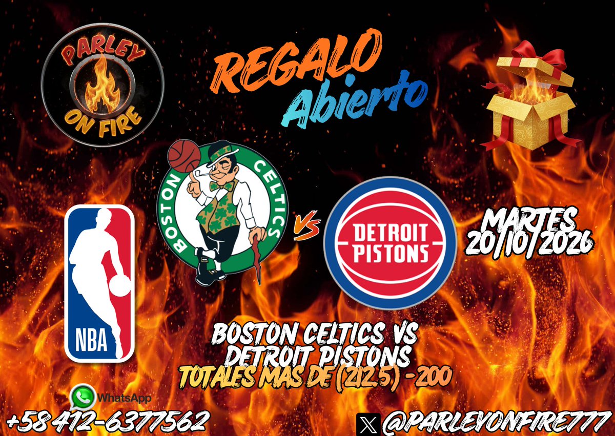 parleyonfire777's tweet photo. Martes de Regalo Abierto 🎁 NBA🏀 Les deseo grandes éxitos.
#apuestasdeportivas #freepicks #freepicksdaily #GAMBLINGX #sportsbetting #sportsbettingpicks #betting #NBA #NBAPicks #BostonCeltics #DetroitPistons @celtics @DetroitPistons @NBA @NBALatam https://t.co/I0IEb5fcDA