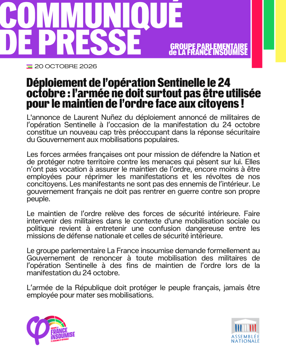 FiAssemblee's tweet photo. 🔴📄 Déploiement de l’opération Sentinelle le 24 octobre : l’armée ne doit surtout pas être utilisée pour le maintien de l'ordre face aux citoyens ! https://t.co/CHPw6D6vFx