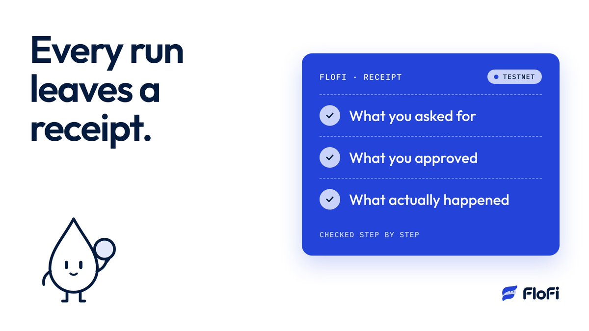 FloFi_xyz's tweet photo. Every FloFi run leaves a receipt.

✓ What you asked for
✓ What you approved
✓ What actually happened

Checked step by step, so you never have to guess where your money went.

On testnet: https://t.co/nV761Gga7D https://t.co/o1PpROCGsu