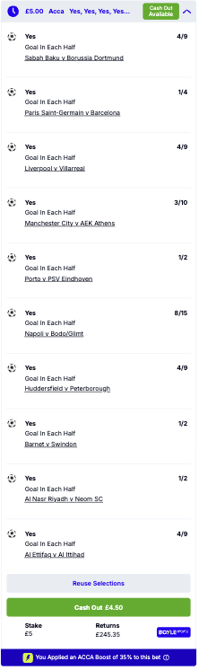 SmartAccaTips's tweet photo. 🥅 48/1 GOAL IN BOTH HALVES ACCA!   

💙 Placed with BOYLE Sports: https://t.co/xTTFsIaaY1 

👀 These are fun to track and keep going ever so close!

🔗 Add to betslip: https://t.co/HXlPs6NMwc

👇 I'm covering the FHG at 6/1 below:   

🔗 Add to betslip: https://t.co/EyE4e24Tc8

18+ GambleAware Ad