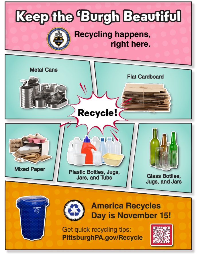 Pittsburgh's tweet photo. We're rolling out a new recycling awareness campaign to make every recycling bin count!

Ways to help:

♻️ Recycle empty bottles, cans, paper and cardboard
��� Break down boxes before recycling
🚫 Keep plastic bags, food waste &amp; other non-recyclable items from the recycling bins https://t.co/jNc2ZKFUjV