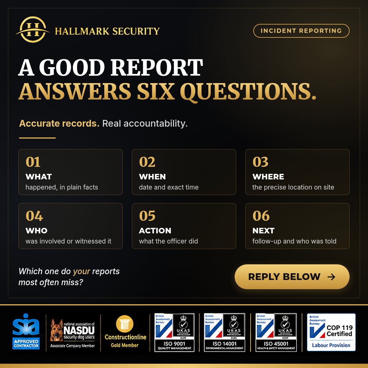 HallmarkSec's tweet photo. A good incident report answers six questions: what, when, where, who, what action was taken, and what happens next.

Miss one and the record loses its value for clients, insurers and investigators.

Which do you see missed most often?

#IncidentReporting #SecurityServices https://t.co/1C6iYZdkGJ