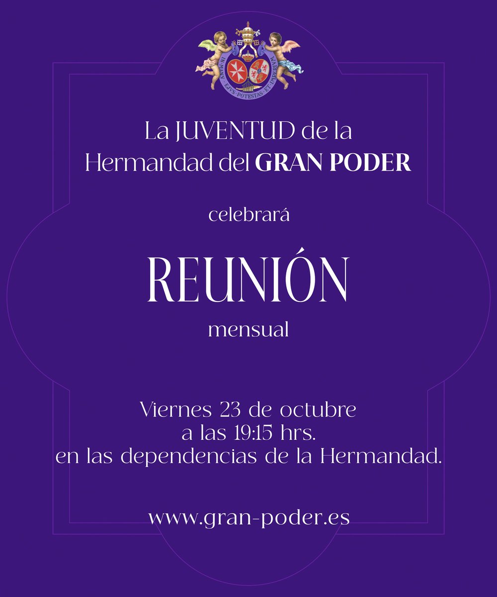 HdadGranPoder's tweet photo. 𝐉𝐔𝐕𝐄𝐍𝐓𝐔𝐃

El próximo viernes 23 de octubre, a las 19:15 horas, se celebrará en las dependencias de la Hermandad la reunión mensual de la juventud.

Invitamos a todos los jóvenes que lo deseen a participar en la vida de la Hermandad. Será un encuentro para convivir, compartir inquietudes e ideas y conocer las actividades que se están preparando.

¡Te esperamos!

#GranPoder2026