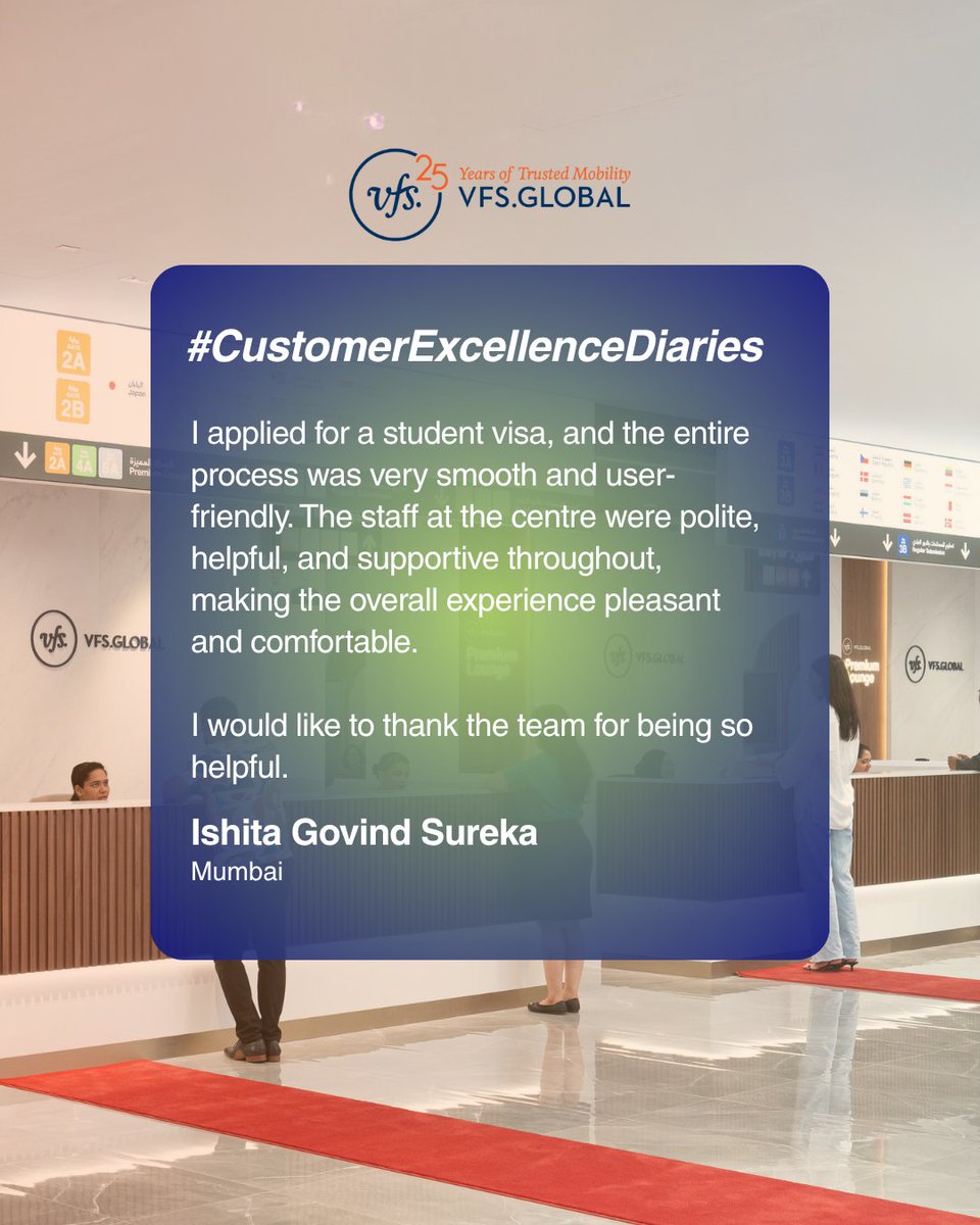 VFSGlobal's tweet photo. A smooth and supportive experience can make all the difference in a visa application journey.

Thank you to Ishita Govind Sureka for sharing her positive experience at our Mumbai Visa Application Centre and appreciating the helpfulness of our team. We remain committed to making every visit comfortable, efficient and customer-focused.

#CustomerExcellenceDiaries #CustomerExperience #ServiceExcellence #VFSGlobal