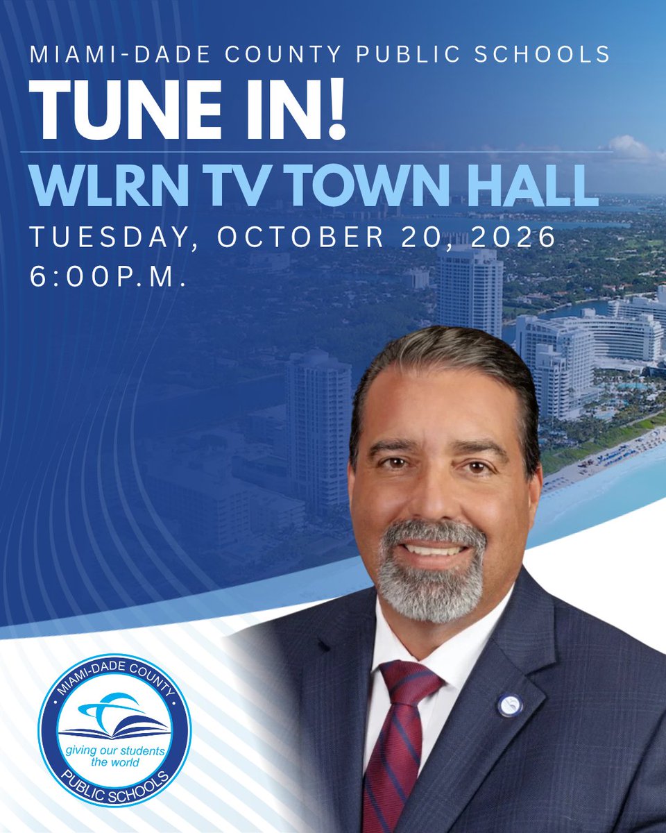MDCPS's tweet photo. Tune in today, October 20, at 6 p.m. for the final stop of Superintendent Rafael A. Villalobos’ listening tour, a televised WLRN TV Town Hall. Learn more about the Secure Our Future Referendum and what it means for our community. 

🔗 Watch live: https://t.co/DDiWeu8cKd. 

#YourBestChoiceMDCPS