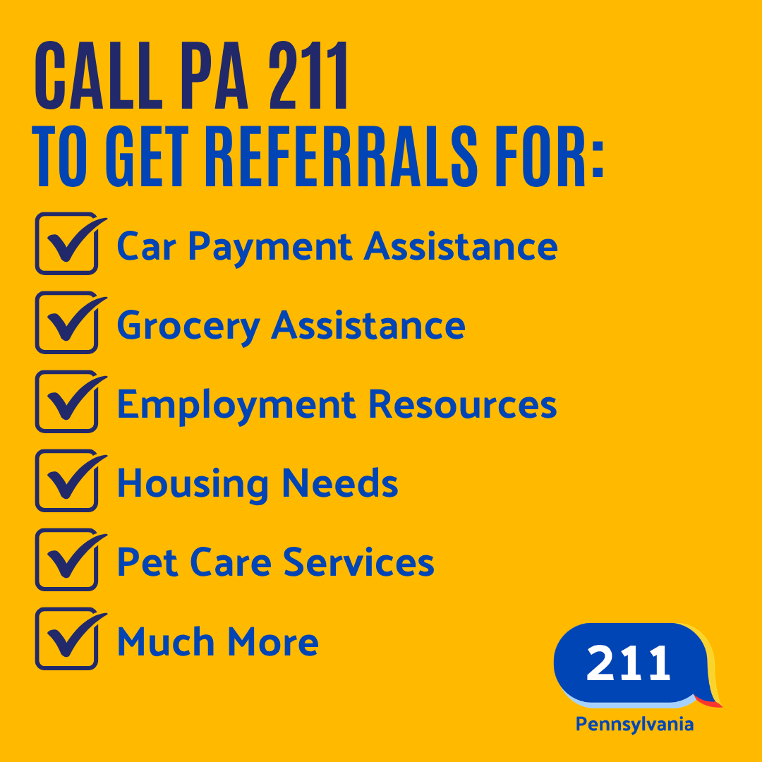 PA211GetHelp's tweet photo. Need help covering everyday expenses or finding local resources? PA 211 is just a call away. From housing and food assistance to employment resources and more, trained specialists can connect you to the support you need. Dial 211 or visit https://t.co/4t9DT8Cwib. https://t.co/E4PYY86SoE