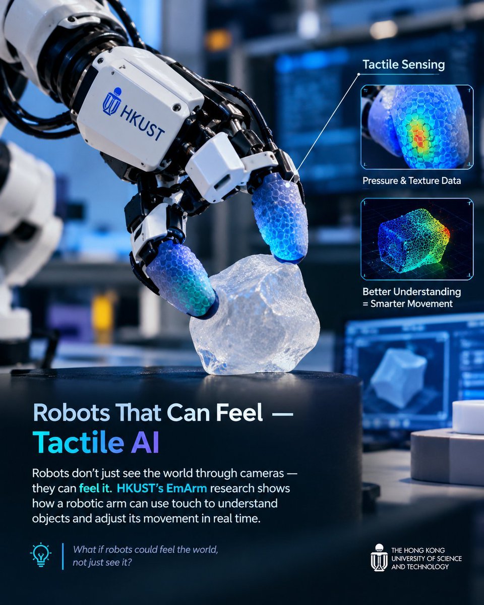 Tech_Munna_Ai's tweet photo. What if robots could feel, not just see? 

HKUST’s EmArm research shows how tactile sensing helps robotic arms understand objects through touch and move precisely.
The future of robotics may depend on touch, not just vision.
How far can tactile AI go? https://t.co/n6s7J5z3bJ