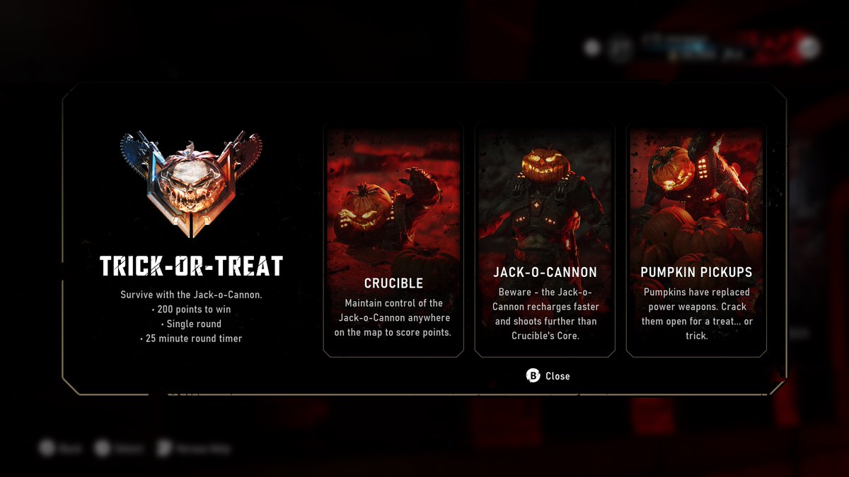 GearsofWar's tweet photo. Halloween arrives in E-Day. Play limited time modes and missions to earn rewards. 
 
🎃 Don your pumpkin head in Versus Trick-or-Treat and battle for the Jack-o-Cannon as each team vies for special weapons (and tricks) hidden within pumpkins scattered throughout the map.  
👻 Battle the Boogeyman and his gang of glowing gourd goons in Horde Siege.