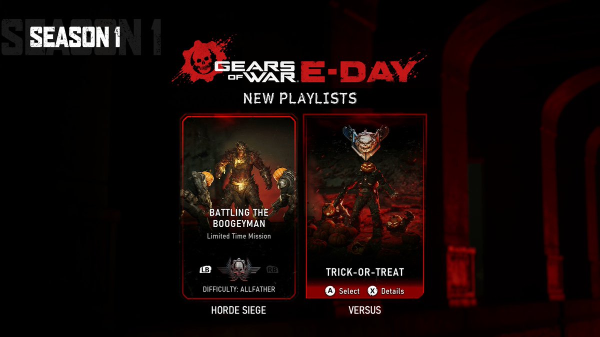 GearsofWar's tweet photo. Halloween arrives in E-Day. Play limited time modes and missions to earn rewards. 
 
🎃 Don your pumpkin head in Versus Trick-or-Treat and battle for the Jack-o-Cannon as each team vies for special weapons (and tricks) hidden within pumpkins scattered throughout the map.  
👻 Battle the Boogeyman and his gang of glowing gourd goons in Horde Siege.