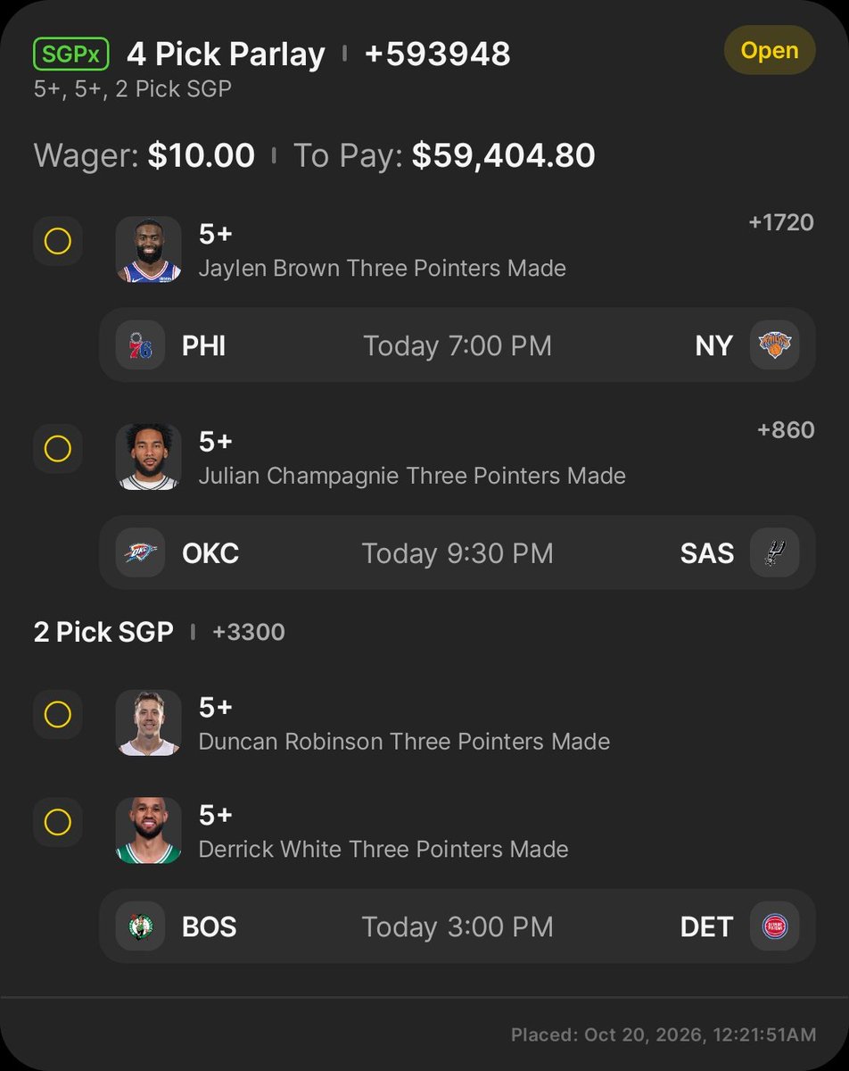 RobinTheBook's tweet photo. https://t.co/joIlh4KAf3
๐จ๐ฆโ๐ฅ RTB NEXT PLAY ๐ฆโ๐ฅ๐จ
๐๐ฃ 4-LEG NBA THREES SUPER NUKE ๐ฃ๐
๐ฅ 4 PLAYERS. 5+ THREES EACH!
๐ $10 TO $59,404! (+593,948)
๐ JUST FOR FUN! PURE DONATION!
#RTB #NBA #SuperNuke #SportsBetting https://t.co/TXX9NHZRAm