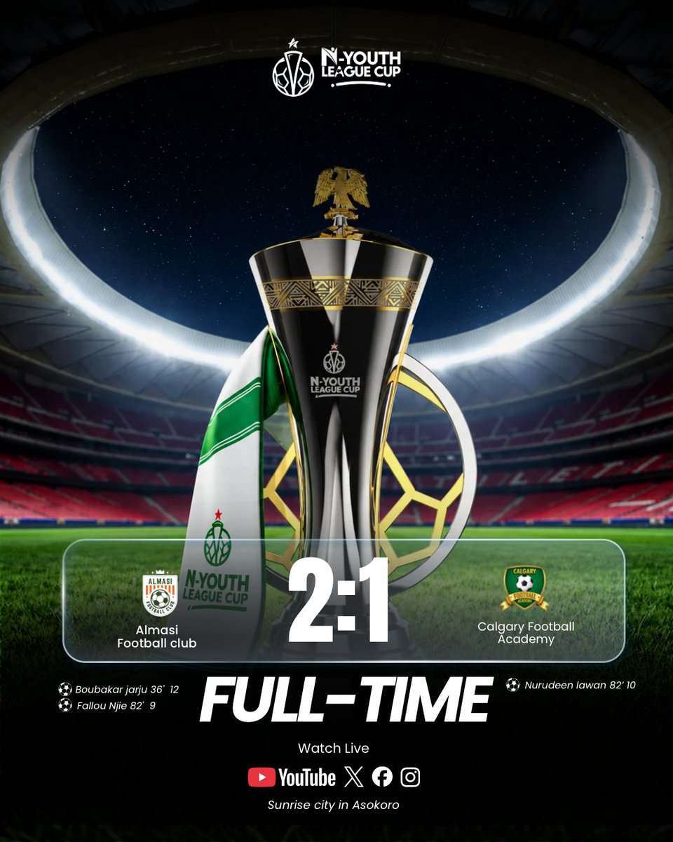 n_ylcup's tweet photo. FULL-TIME!

Almasi FC 2-1 Calgary FC.!

Another matchday, another battle for glory in the N-Youth League Cup.

cc: @nylcfoundation

#NYouthLeagueCup #NYLC26 #YouthLeague #YouthFootball https://t.co/dPoN6CZsHC