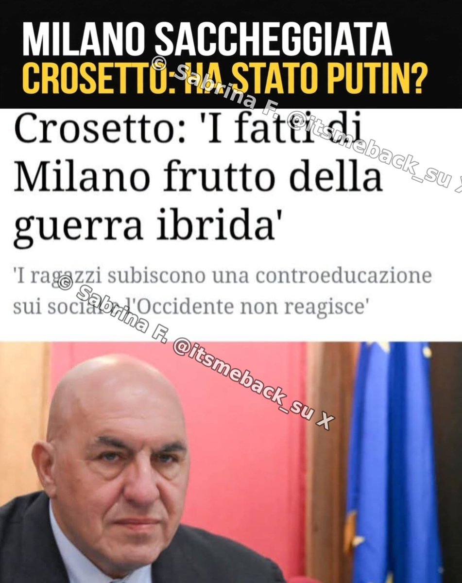 itsmeback_'s tweet photo. MILANO SACCHEGGIATA,
CROSETTO: "HA STATO PUTIN"?😂

Siamo al ridicolo puro.🚀🤦🏻

Milano messa a ferro e fuoco, vetrine sfondate, centro saccheggiato.
E il Ministro della Difesa Guido Crosetto cosa fa? Se ne esce con l'ennesimo "ha stato Putin".

Secondo lui, i fatti di Milano sarebbero frutto della "guerra ibrida". I ragazzi subirebbero una controeducazione sui social e l'Occidente non reagirebbe.

Un Ministro che da tre anni difende i confini dell'Ucraina, ma che non riesce a difendere le nostre città, che scarica tutto sulla Russia per non prendersi le proprie responsabilità. Imbarazzante.

La verità è sotto gli occhi di tutti e non è a Mosca.

Da quando sono al governo, tra ingressi regolari e clandestini, sono entrate circa 500 mila persone provenienti quasi tutte da Paesi islamici. Non sono riusciti a garantire ordine e sicurezza a Milano, e ora cercano un nemico esterno per coprire un fallimento interno.

Questa è la vera guerra ibrida che gli italiani vivono ogni giorno. Quella di un'immigrazione fuori controllo e di un modello di integrazione che, così come è stato raccontato, non esiste. I fatti di Milano ne sono l'ennesima prova.

Prima di preoccuparsi di educare l'Occidente, forse bisognerebbe tornare a garantire la sicurezza ai cittadini italiani.

✒️ Analisi di ©Sabrina F.