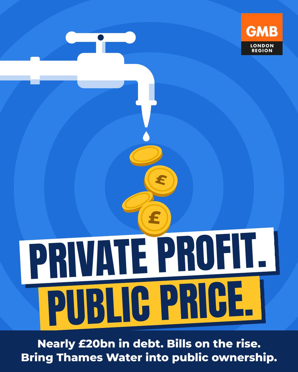 GMBLondonRegion's tweet photo. With radical options for Thames Water now being drawn up, the answer is clear.
Water workers have lived with crumbling pipes, rising bills and insecure jobs and pensions for too long.
It's time for public ownership.
#MembersFirst https://t.co/hzNPzB6zZF