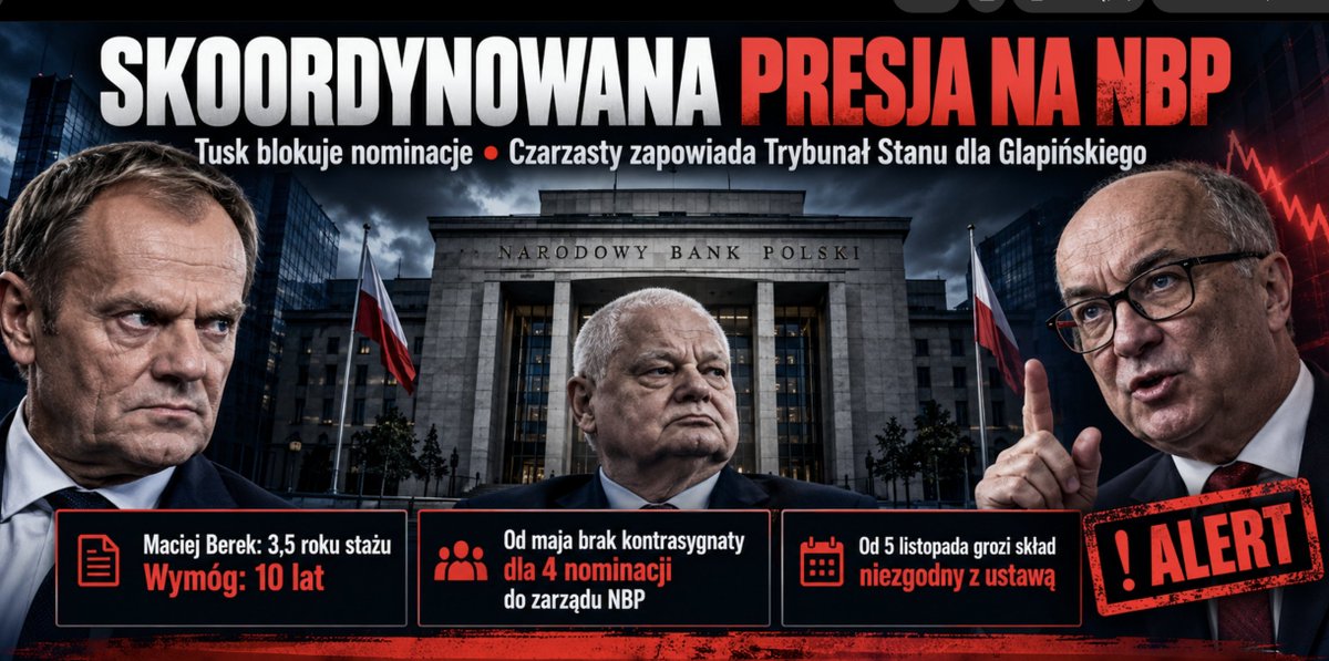 ExplicitePL's tweet photo. Tusk planuje OKRAŚĆ Polskę totalnie. Nie ma chamstwa, którego by się przy tym nie dopuścił. Kradzież OFE to było mało!
Od Nawrockiego żąda przyjęcia ślubowania Macieja Berka, choć ten ma ledwie 3,5 roku stażu zamiast obowiązkowych 10 lat.

Tymczasem sam Tusk od maja odmawia kontrasygnaty czterech nominacji do zarządu NBP. Od 5 listopada bankowi grozi skład niezgodny z ustawą.

A prymitywny Czarzasty,  właśnie zapowiada głosowanie nad postawieniem Glapińskiego przed Trybunałem Stanu.
To skoordynowana polityczna presja na niezależny NBP.
