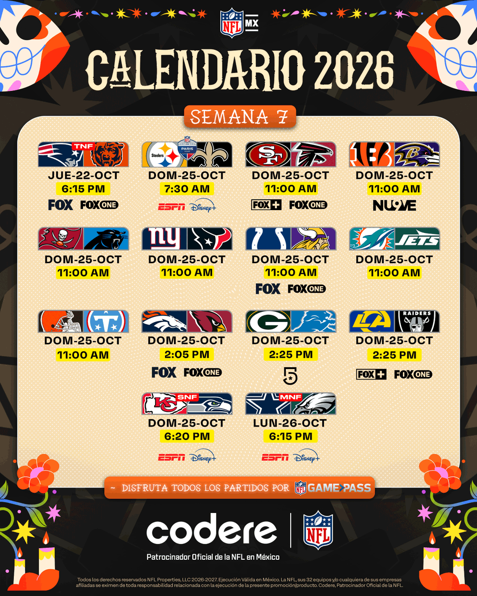 nflmx's tweet photo. ¿En que momento llegamos a la Semana 7?🥹🏈

El tiempo vuela cuando disfrutamos de la NFL❤️
Aquí tienes los partidos de esta semana ¿Cuál esperas más? 👀
Presentado por @CodereMX 
💻📺 @somos_FOX | @ESPNmx | @TUDNMEX | @disneyplusla https://t.co/gGCpPqXXyC