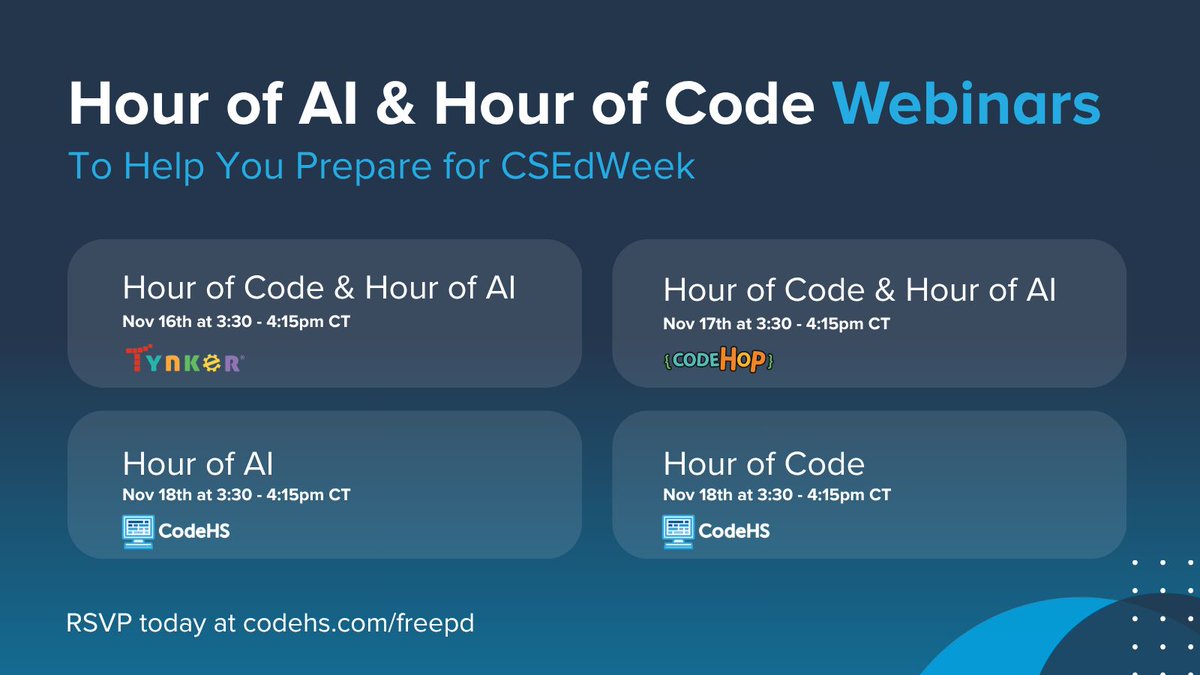 CodeHS's tweet photo. Get ready for CSEdWeek with CodeHS! 💻

We're hosting four free webinars to help you feel confident leading an Hour of Code or Hour of AI activity with your students. Whether you're using CodeHS, CodeHop, or Tynker, there's a session for you!

Explore the webinars and save your spot at https://t.co/nY0QdOQZms

#CSEdWeek #SchoolVisit #ComputerScience