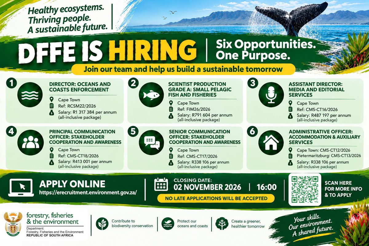 environmentza's tweet photo. 𝗬𝗢𝗨𝗥 𝗙𝗨𝗧𝗨𝗥𝗘 𝗦𝗧𝗔𝗥𝗧𝗦 𝗛𝗘𝗥𝗘! 📢𝗗𝗙𝗙𝗘 𝗜𝗦 𝗛𝗜𝗥𝗜𝗡𝗚!

DFFE invites suitably qualified candidates to apply for six exciting career opportunities in Cape Town, with an additional administrative officer post based in Pietermaritzburg.

📅 𝗖𝗹𝗼𝘀𝗶𝗻𝗴 𝗱𝗮𝘁𝗲: 2 November 2026 at 16:00. No late applications will be accepted.

💻 𝗔𝗽𝗽𝗹𝘆 𝗼𝗻𝗹𝗶𝗻𝗲: https://t.co/fSslXXJuZL Or find 𝗺𝗼𝗿𝗲 𝗶𝗻𝗳𝗼𝗿𝗺𝗮𝘁𝗶𝗼𝗻:  https://t.co/14kZaPNxKl…

📲 𝗦𝘁𝗮𝘆 𝗶𝗻𝗳𝗼𝗿𝗺𝗲𝗱! Follow the DFFE WhatsApp Channel for instant updates on vacancies, bursaries, internships and other opportunities: https://t.co/q4auAw0UdE

𝗝𝗼𝗶𝗻 𝗼𝘂𝗿 𝘁𝗲𝗮𝗺 𝗮𝗻𝗱 𝗵𝗲𝗹𝗽 𝗯𝘂𝗶𝗹𝗱 𝗮 𝘀𝘂𝘀𝘁𝗮𝗶𝗻𝗮𝗯𝗹𝗲 𝘁𝗼𝗺𝗼𝗿𝗿𝗼𝘄! 

#WeAreHiring #JobSeekers #TholaSpani