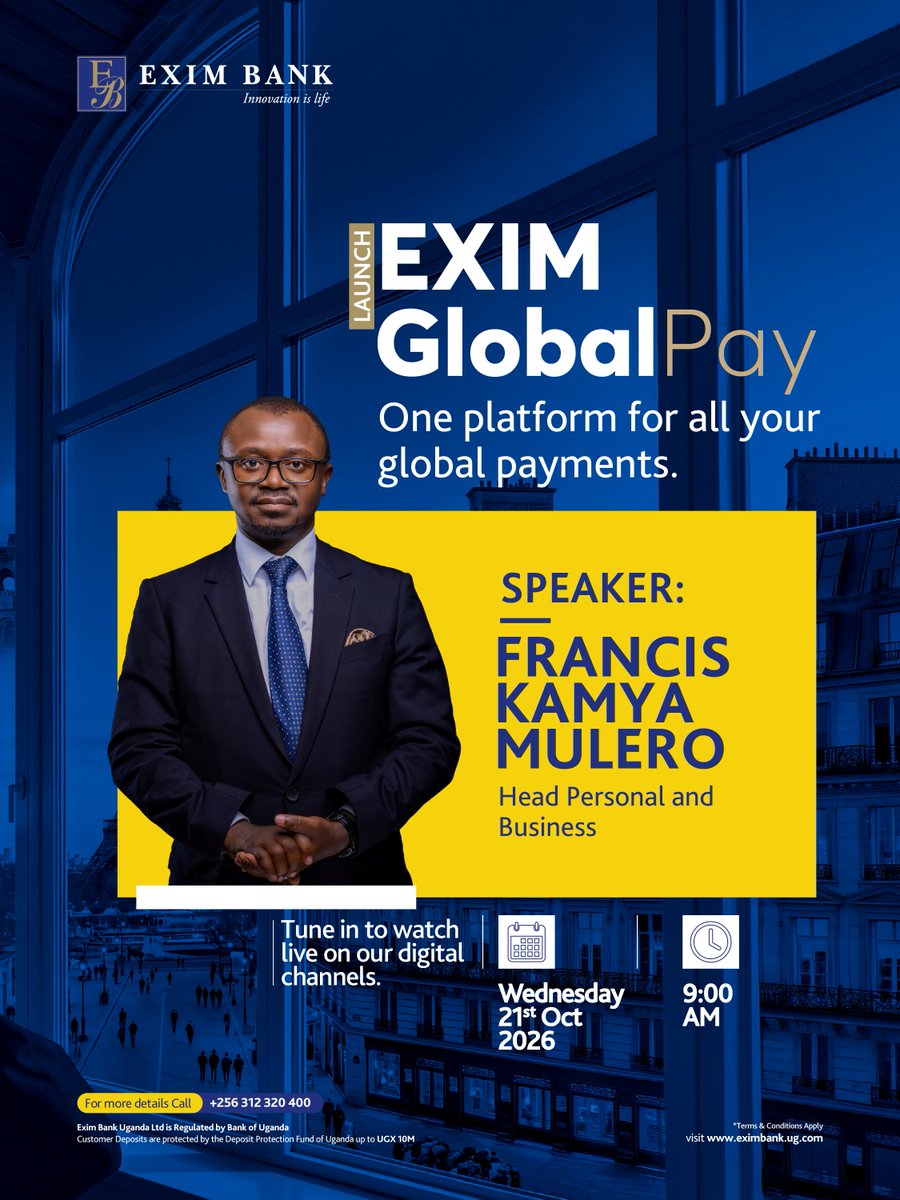 EximBankUganda's tweet photo. Meet Francis Kamya Mulero (@MULEROII), Head of Personal and Business Banking at Exim Bank Uganda, who will be speaking at the official launch of Exim Global Pay!

Francis will share insights into this exciting new platform, designed to make cross-border payments more secure, affordable and convenient, with funds reaching recipients in seconds, directly on their mobile phones or bank accounts.

Join us live on X, LinkedIn, and Facebook (@EximBankUganda) tomorrow at 9AM to be part of the launch!
