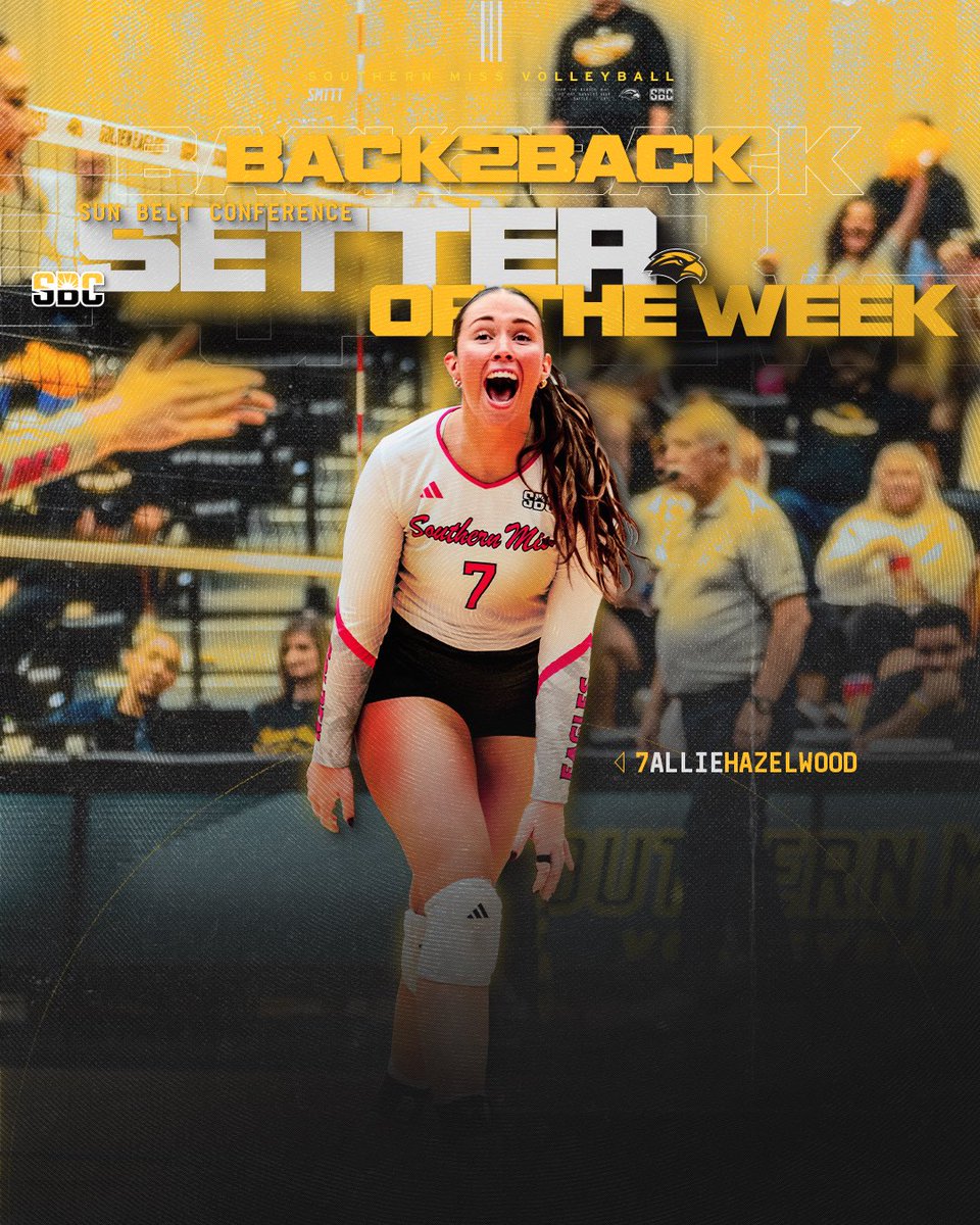 SouthernMissVB's tweet photo. BACK 2 BACK‼️🥇

Allie wins her FOURTH Sun Belt Setter of the Week award this season and SECOND in the last two weeks!

#SMTTT https://t.co/R7BdbQReuG