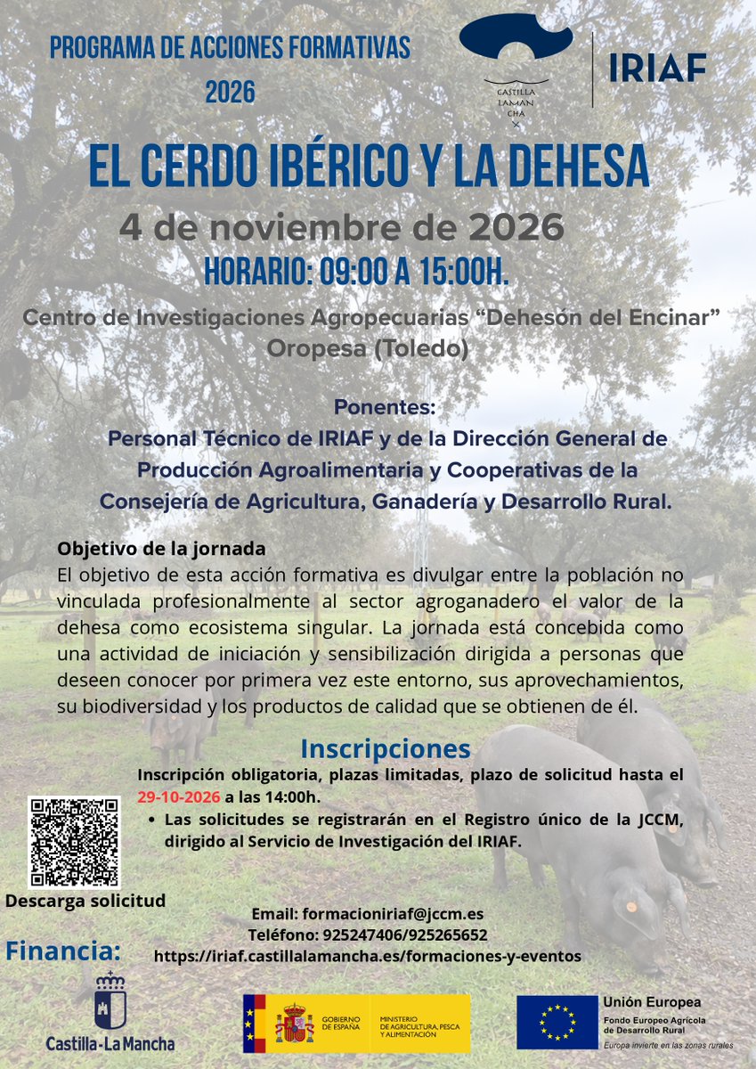ADECOR23's tweet photo. 🐖🌳Jornada Formativa ‘El cerdo ibérico y la dehesa’ para conocer la biodiversidad de este ecosistema, sus aprovechamientos y los productos de calidad que ofrece.
📅 4 de noviembre
🕛De 9:00 a 15:00 h.
📍 ‘Dehesón del Encinar’, en #Oropesa.
✍️ https://t.co/vQFMc9uPsP
#adecor https://t.co/ea7eK6xKig