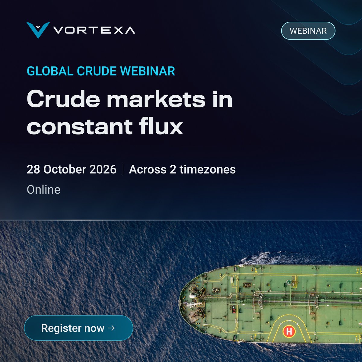 Vortexa's tweet photo. Crude markets are in constant flux 

Liftings, refinery demand, China, dark fleet and dirty freight: our experts unpack what's really moving crude and where it goes next.

🗓️ Wed 28 Oct, two live sessions:
EUR/US: 10:00 CT / 15:00 GMT
MENA/APAC: 11:00 GST / 15:00 SGT

Register 👉 https://t.co/eu5g1vgNRI