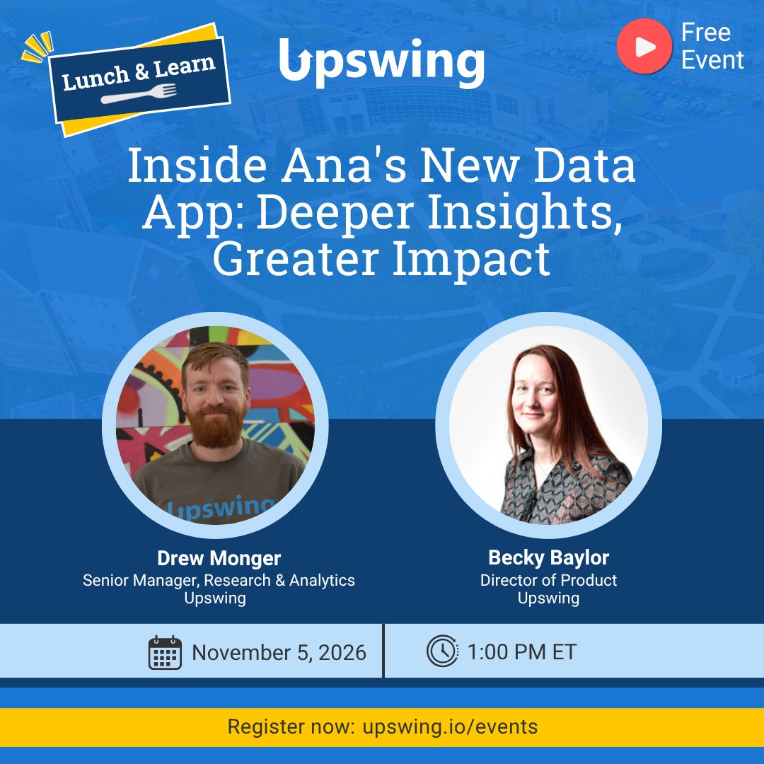 upswing's tweet photo. Join us for a free Lunch &amp; Learn to explore Ana’s new data app and see how the latest updates make it easier to move from high-level engagement trends to more detailed student-level insight.

Save your spot: https://t.co/25acGWpy2g

#Upswing #HigherEd https://t.co/hRdITGJcep