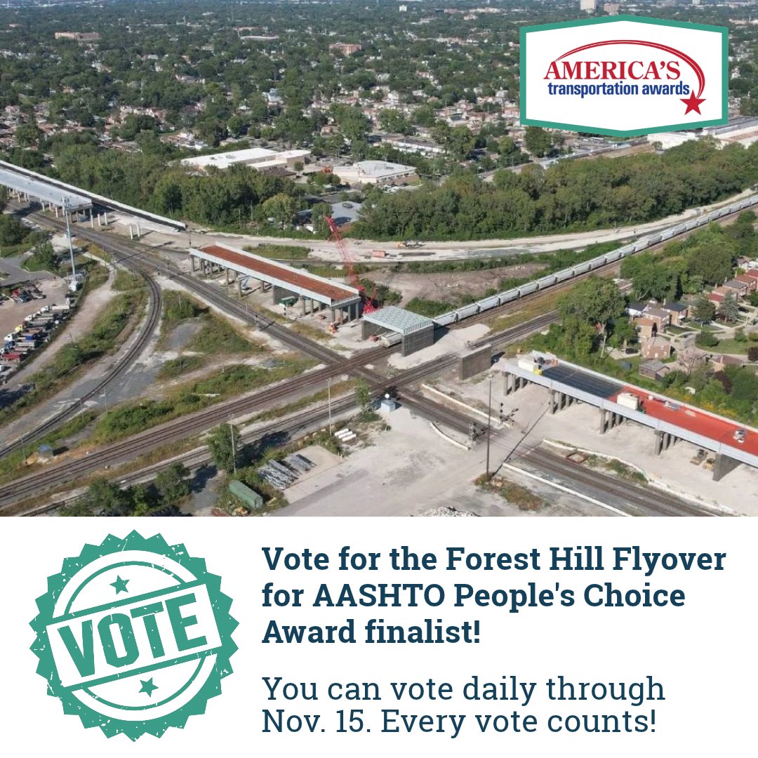 AAR_FreightRail's tweet photo. The @CREATE_Chicago's Forest Hill Flyover is a finalist for AASHTO's People's Choice Award. The project will reduce freight and passenger rail conflicts, ease congestion and improve reliability in the Chicago region. Vote daily through Nov. 15. Link in comments. https://t.co/nV256viucB