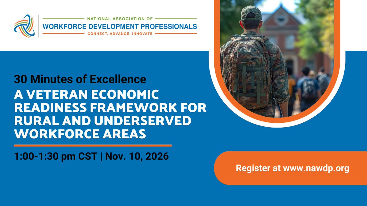 NAWDP's tweet photo. What happens when #Veterans are ready to work, but local jobs are limited? 

Join Ritchie Thomas at 1pm CST, 11/10 to explore a practical economic readiness framework designed for rural and underserved workforce areas.

Register: https://t.co/EkSpeDCLE6 

#WorkforceDevelopment https://t.co/52jkm5P22T