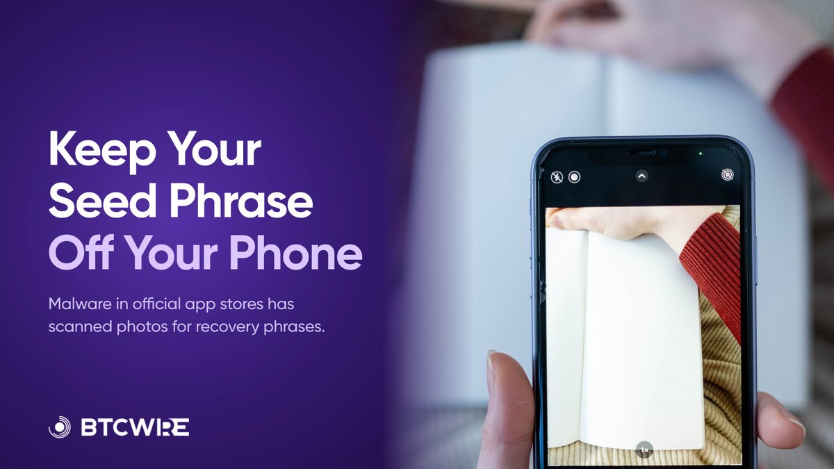 BTCWire's tweet photo. A screenshot of your seed phrase is a copy of your wallet, stored wherever your photos go. 📸

Four checks:
→ Backup: paper or metal, never a photo, notes app or cloud drive
→ Old copies: delete them; if exposed, move funds to a new wallet
→ Photo access: limit which apps can read your whole library
→ Copies: more than one, kept in separate safe places

In 2025, Kaspersky found malware in Google Play and App Store apps that scanned galleries for recovery-phrase screenshots.

Kaspersky: https://t.co/bMaWTztB02